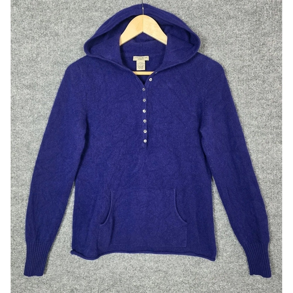 Vertical Design 100% Cashmere Hoodie Sweater L Royal Purple Henley Button Soft
